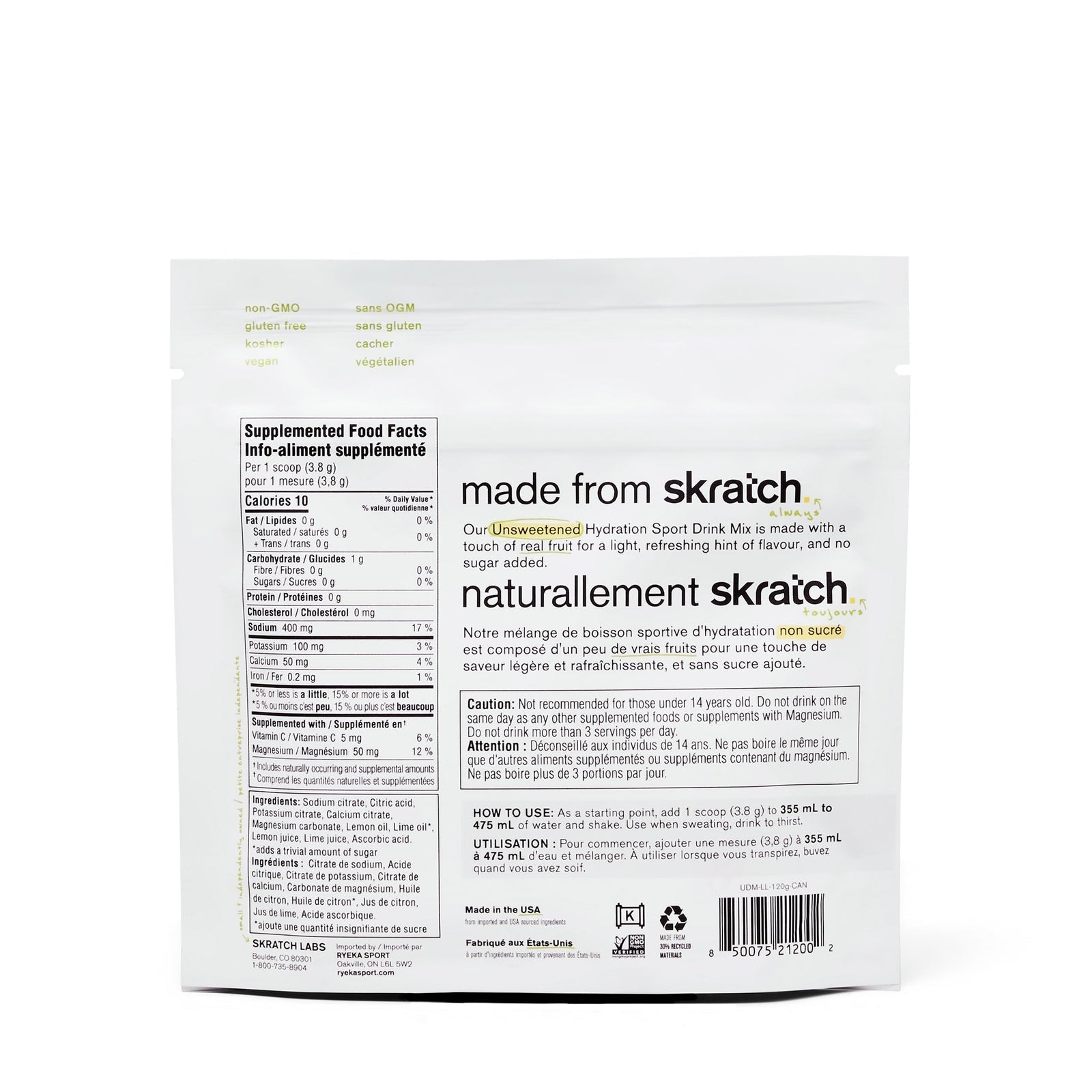 Mélange d'hydratation non sucré Skratch Labs, détail produit